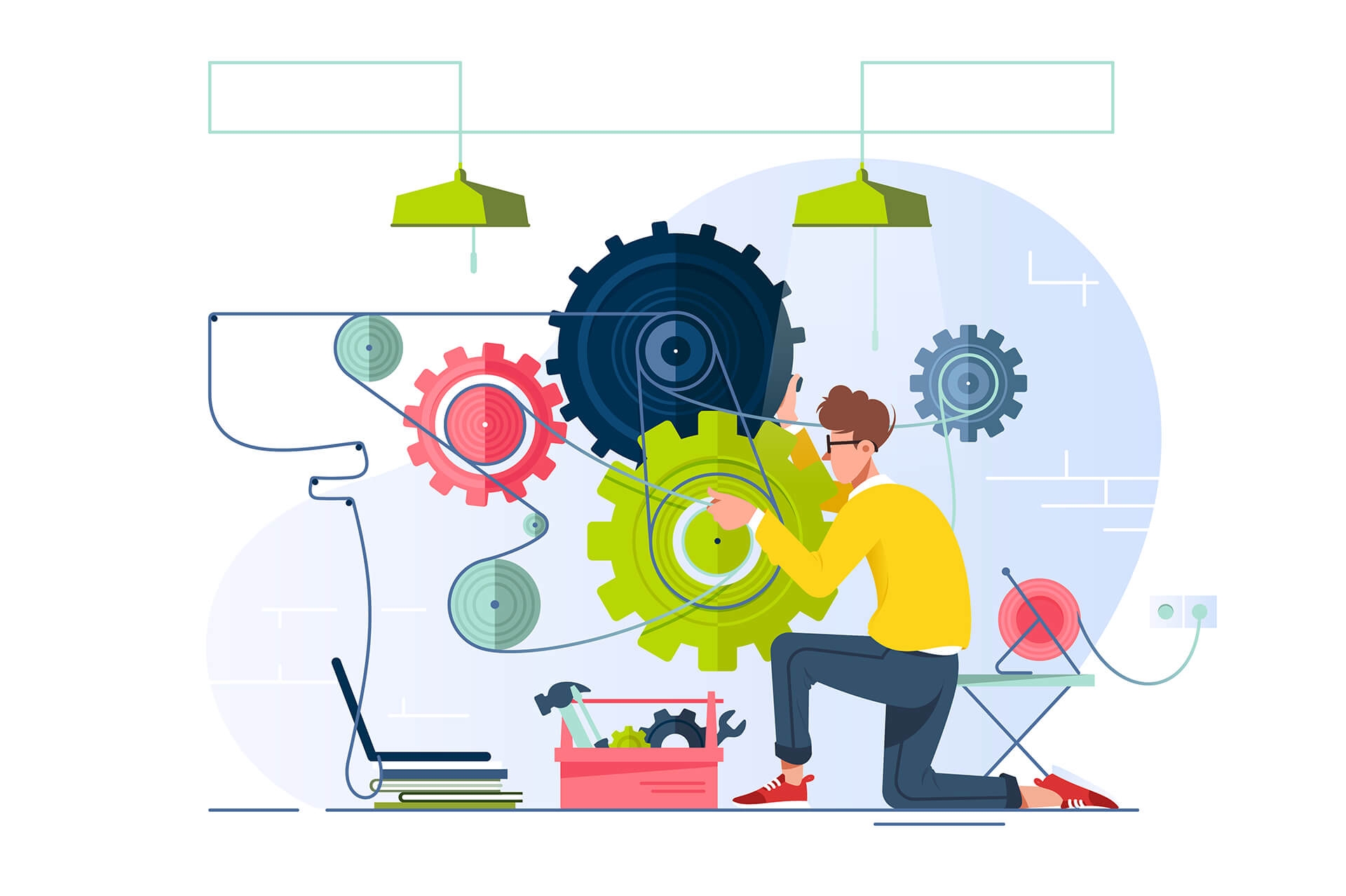 Drawing of a person fixing a belt connected to gears